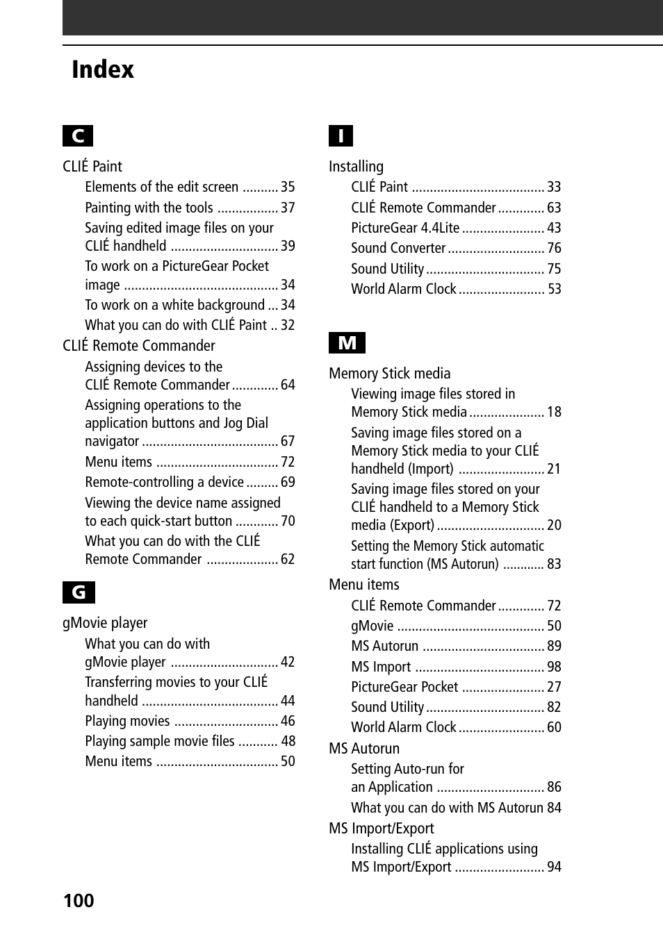 Index, 100 c | Sony PEG-T615C User Manual | Page 100 / 104