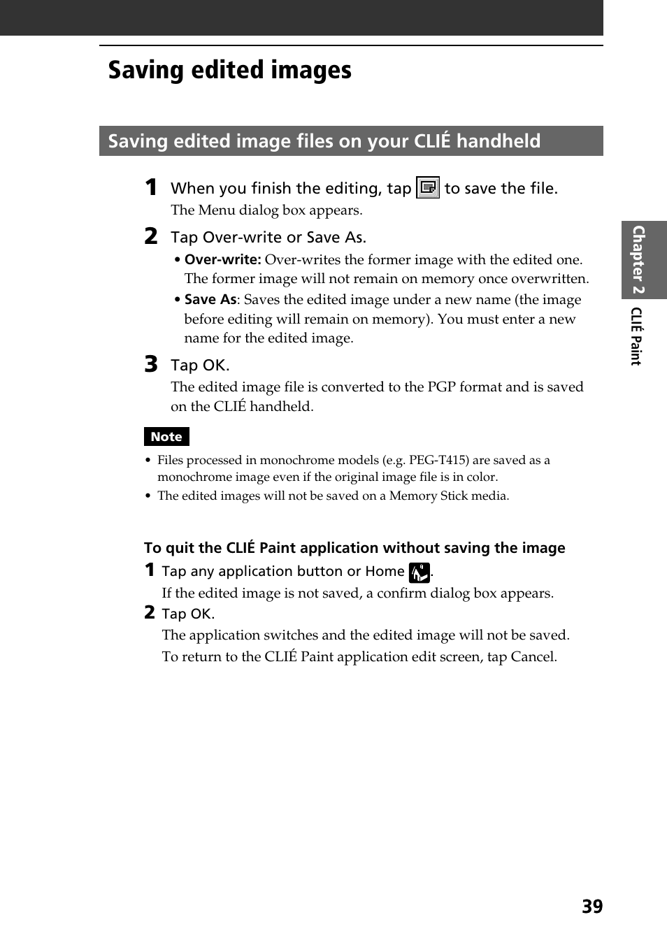 Saving edited images, Saving edited image files on your clié handheld | Sony PEG-T615C User Manual | Page 39 / 104