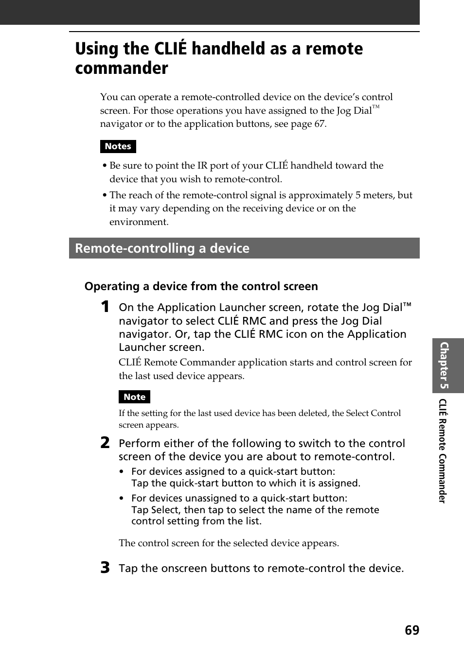 Using the clié handheld as a remote commander, Remote-controlling a device | Sony PEG-T615C User Manual | Page 69 / 104