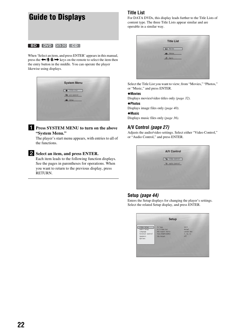 Guide to displays, Title list, A/v control (page 27) | Setup (page 44), Select an item, and press enter | Sony BDP-S2000ES User Manual | Page 22 / 71