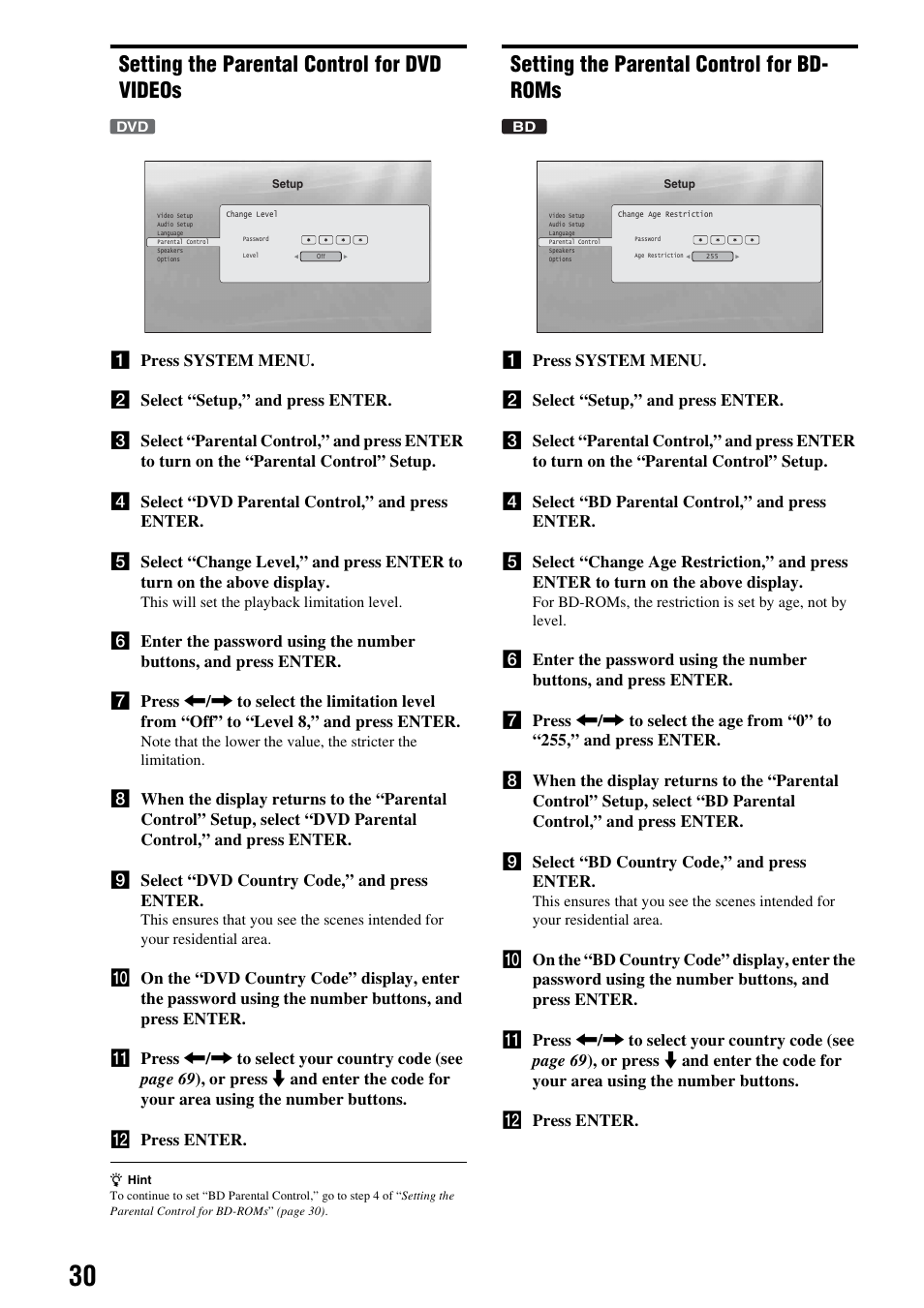 Setting the parental control for dvd videos, Setting the parental control for bd- roms | Sony BDP-S2000ES User Manual | Page 30 / 71