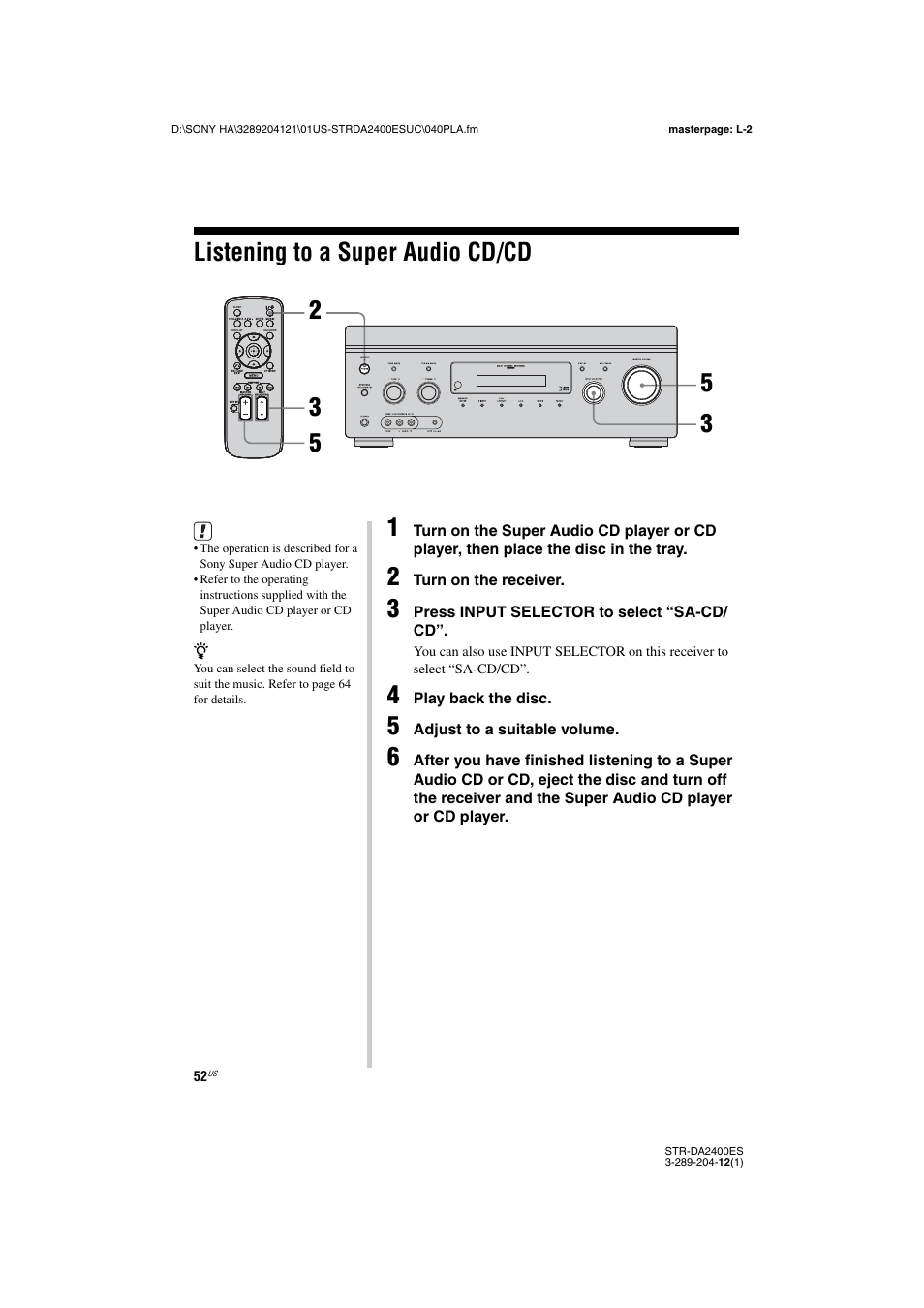 Listening to a super audio cd/cd | Sony 3-289-204-12(1) User Manual | Page 52 / 140