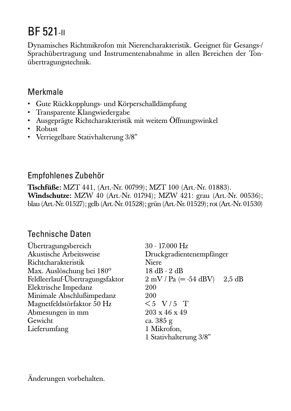Gebrauchsanleitung, Bf 521, Merkmale | Empfohlenes zubehör, Technische daten | Sennheiser BF 521-II User Manual | Page 2 / 12