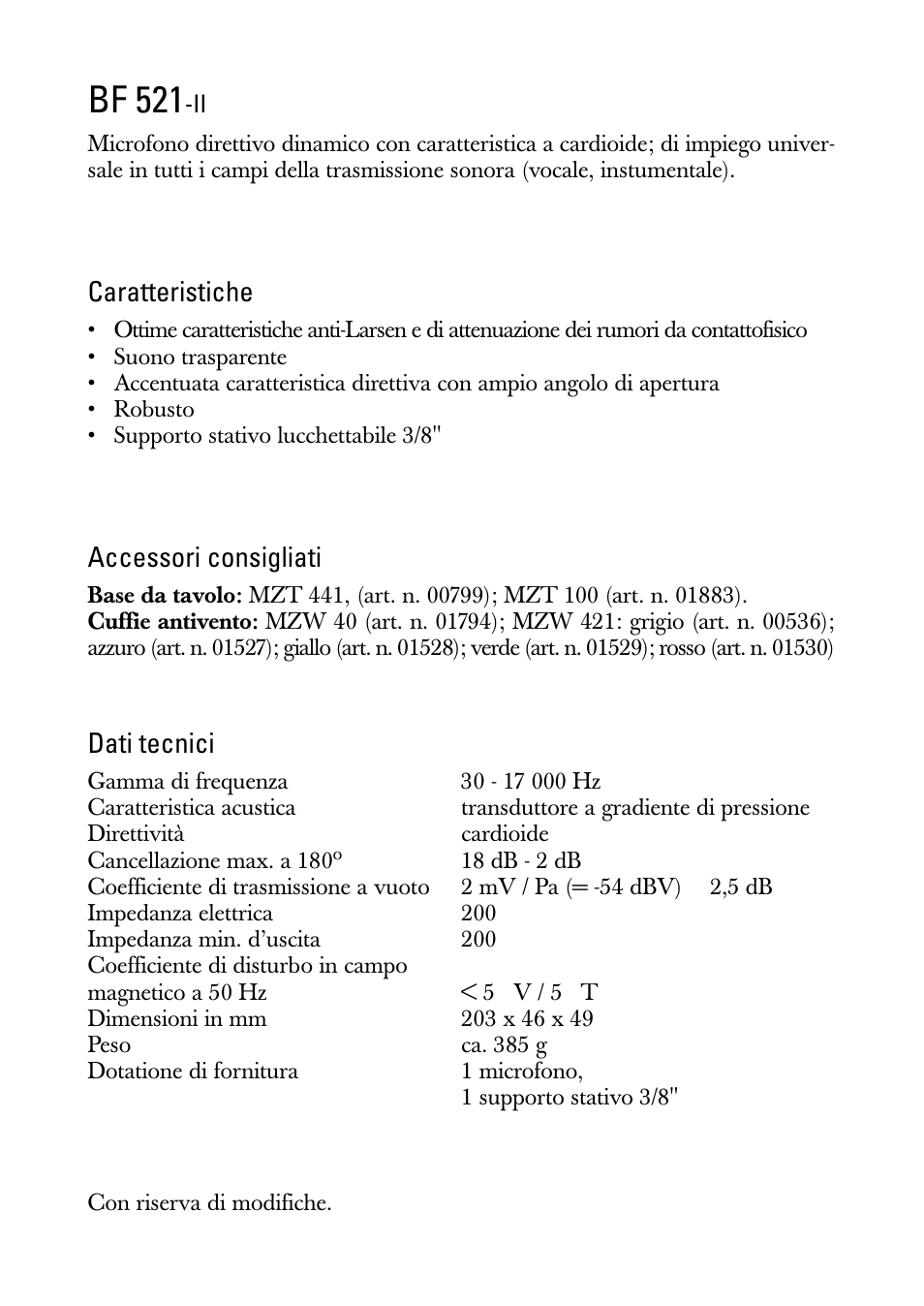 Istruzioni per l'uso, Bf 521, Caratteristiche | Accessori consigliati, Dati tecnici | Sennheiser BF 521-II User Manual | Page 5 / 12
