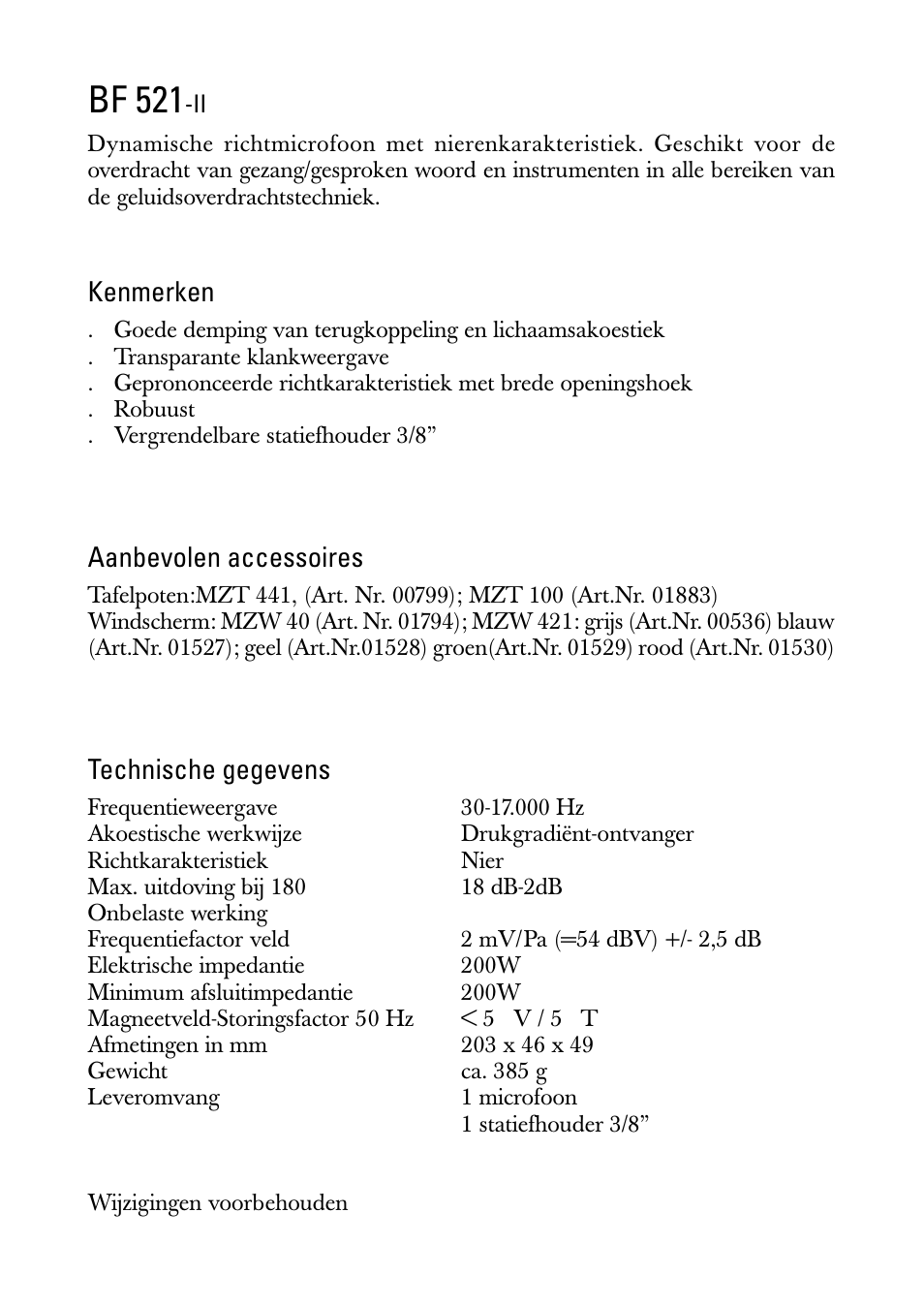 Gebruiksaanwijzing, Bf 521, Kenmerken | Aanbevolen accessoires, Technische gegevens | Sennheiser BF 521-II User Manual | Page 7 / 12