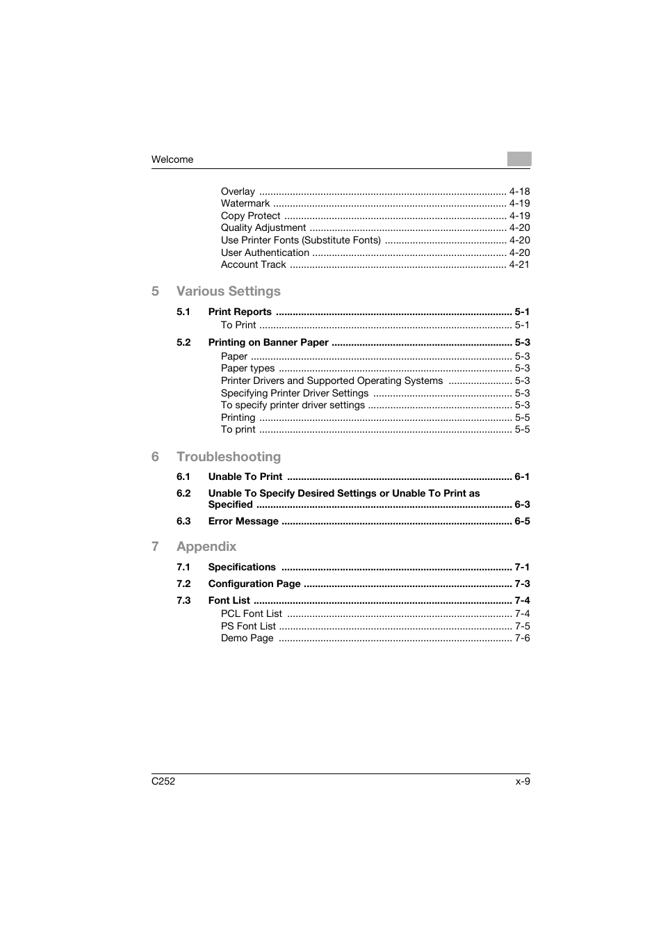 5various settings, 6troubleshooting, 7appendix | Konica Minolta BIZHUB C252 User Manual | Page 10 / 96