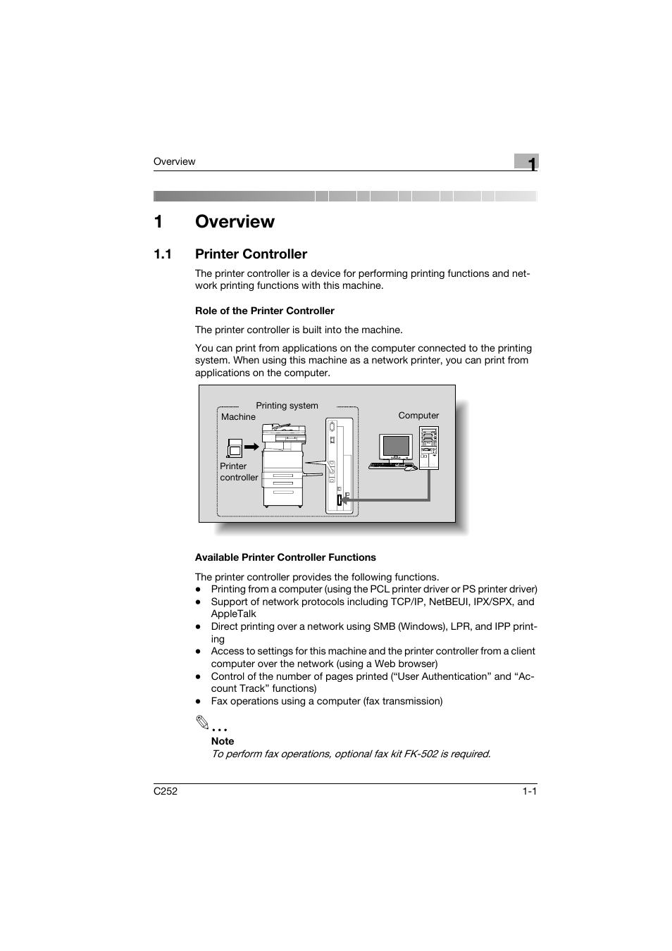 1 overview, 1 printer controller, Role of the printer controller | Available printer controller functions, Overview, Printer controller -1, 1overview | Konica Minolta BIZHUB C252 User Manual | Page 14 / 96