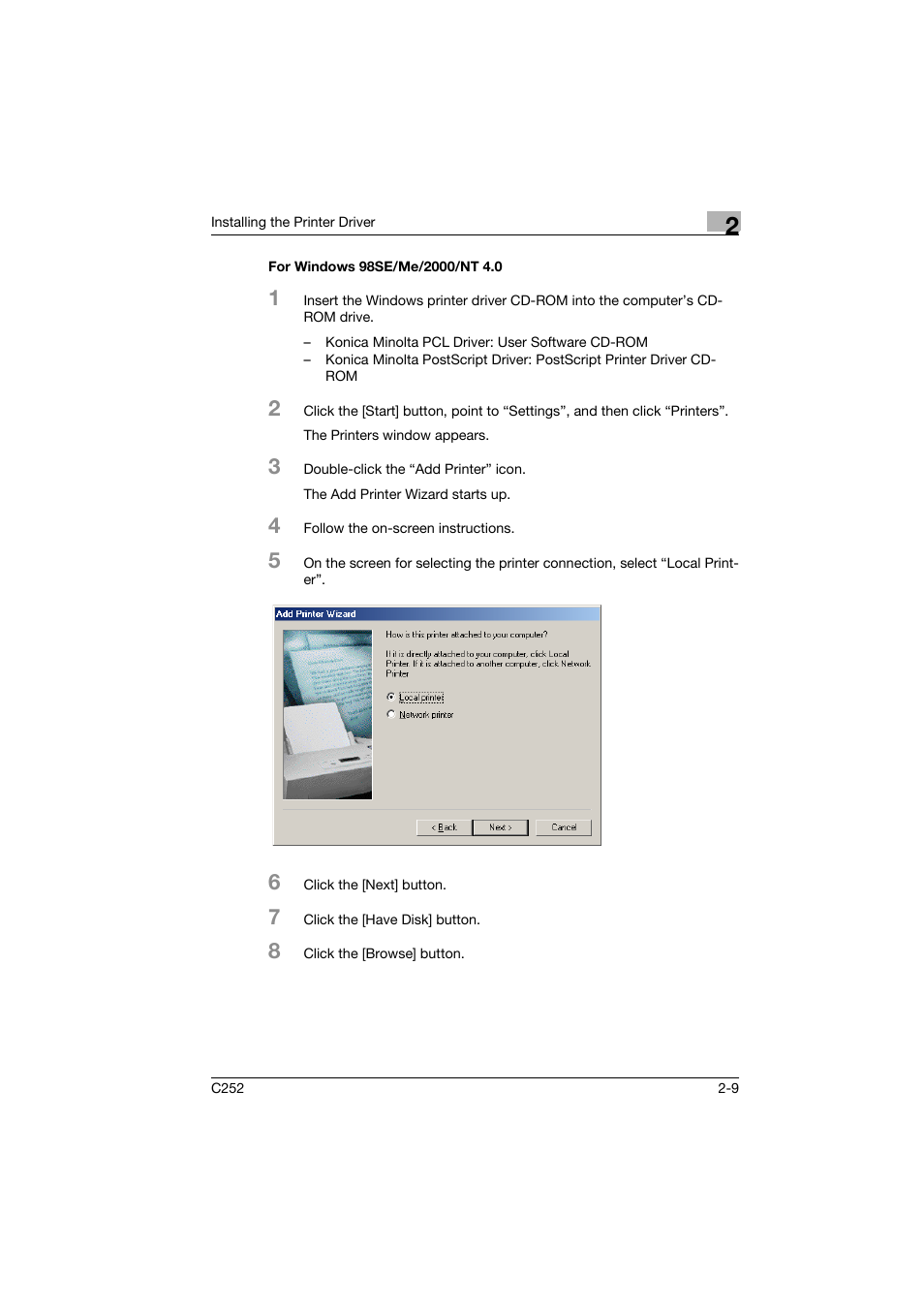 For windows 98se/me/2000/nt 4.0, For windows 98se/me/2000/nt 4.0 -9 | Konica Minolta BIZHUB C252 User Manual | Page 32 / 96