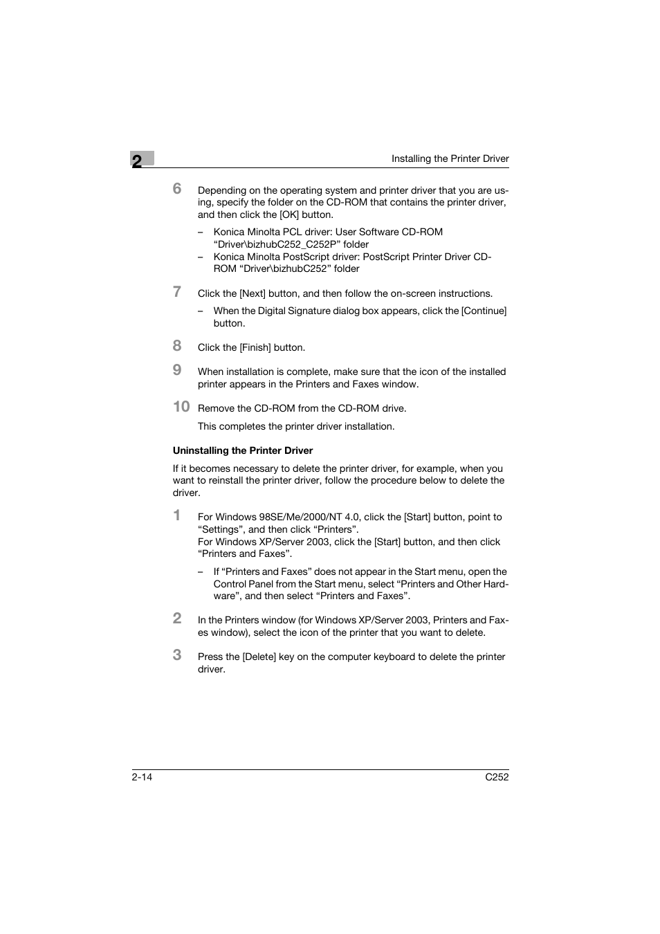 Uninstalling the printer driver, Uninstalling the printer driver -14 | Konica Minolta BIZHUB C252 User Manual | Page 37 / 96