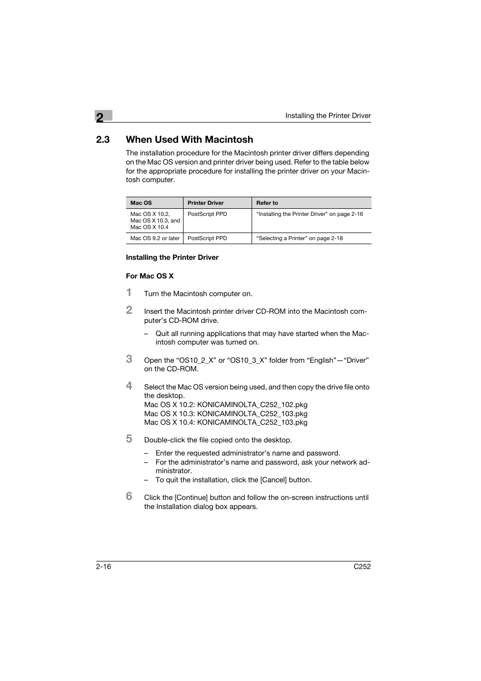 3 when used with macintosh, Installing the printer driver, For mac os x | When used with macintosh -16, Installing the printer driver -16, For mac os x -16 | Konica Minolta BIZHUB C252 User Manual | Page 39 / 96