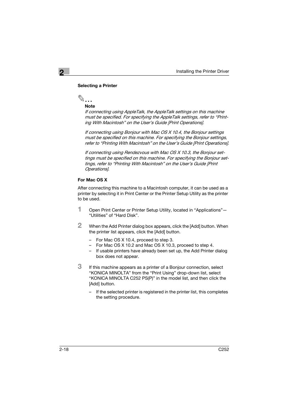 Selecting a printer, For mac os x, Selecting a printer -18 for mac os x -18 | Konica Minolta BIZHUB C252 User Manual | Page 41 / 96