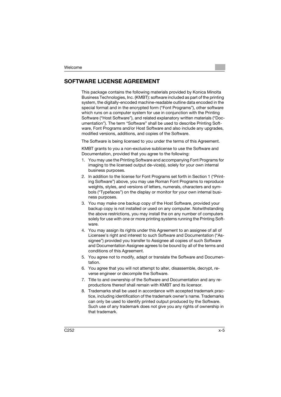 Software license agreement | Konica Minolta BIZHUB C252 User Manual | Page 6 / 96