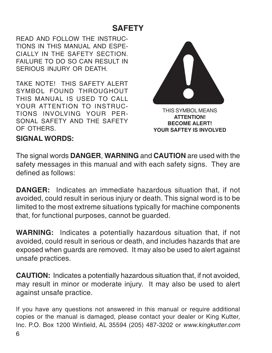 Safety | King Kutter Free Floating User Manual | Page 6 / 44