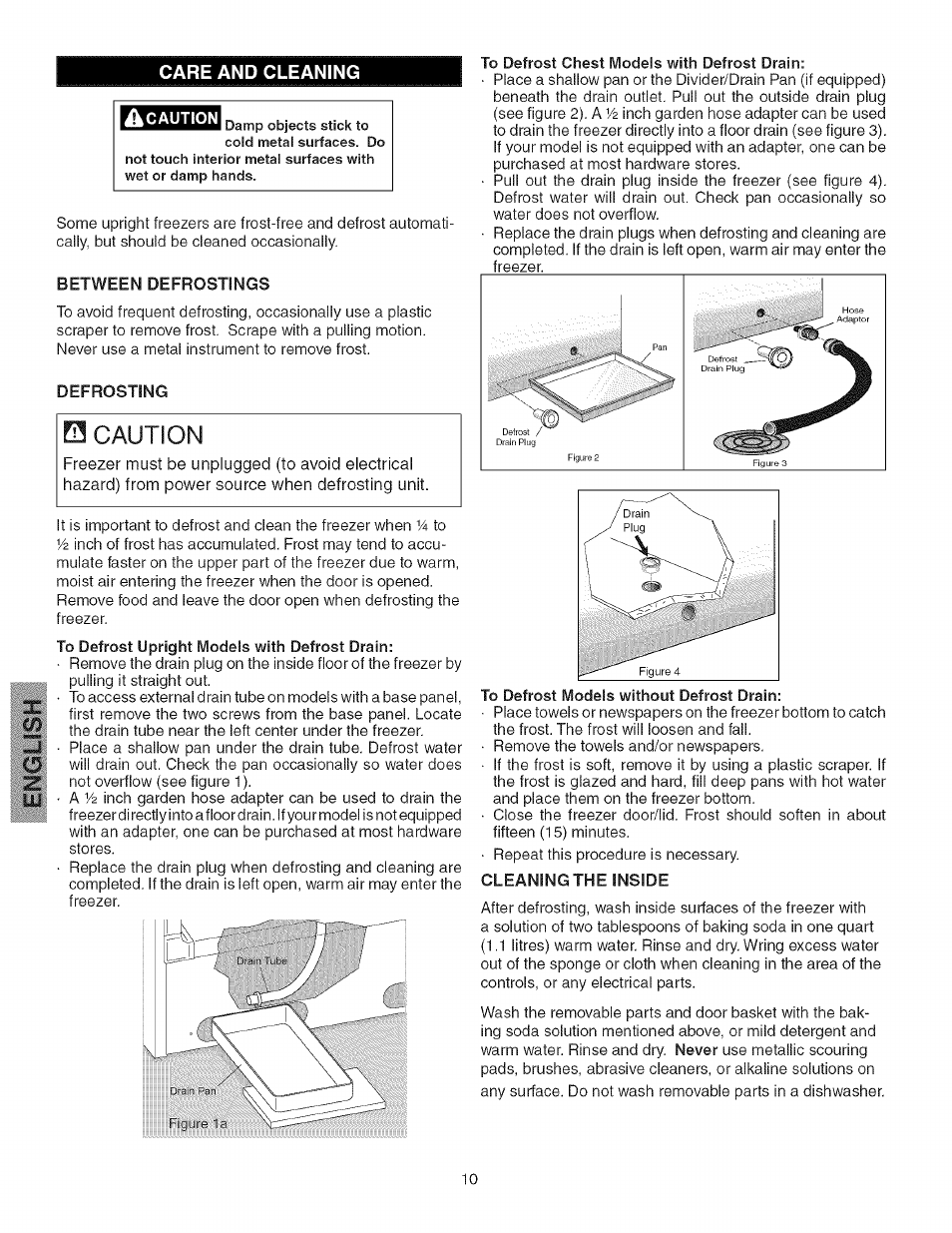Care and cleaning, To defrost chest models with defrost drain, To defrost models without defrost drain | Care and cleaning -11, 0 caution, Care and cleaning x | Kenmore 25328452805 User Manual | Page 10 / 13