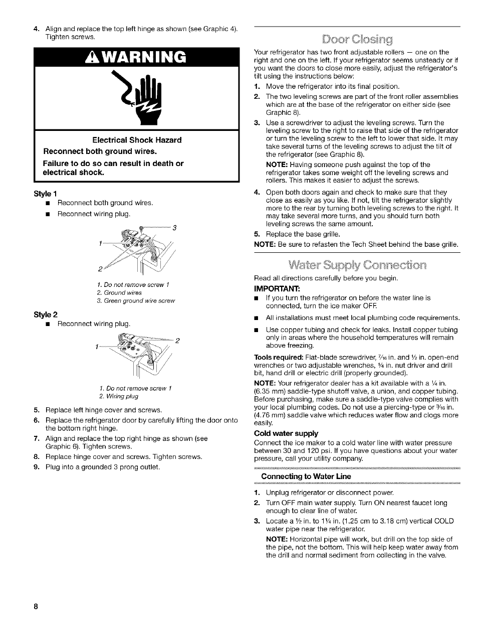 Style 1, Style 2, Important | Cold water supply, Connecting to water line, Awarning | Kenmore 10653094300 User Manual | Page 8 / 25