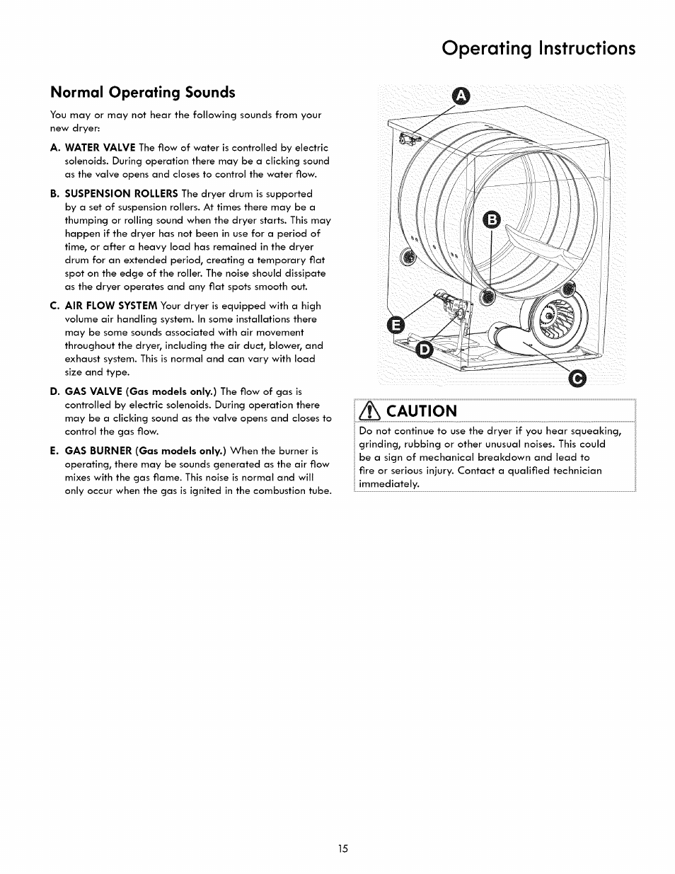 Operating instructions, Normal operating sounds, Caution | Kenmore 417.8413 User Manual | Page 15 / 20