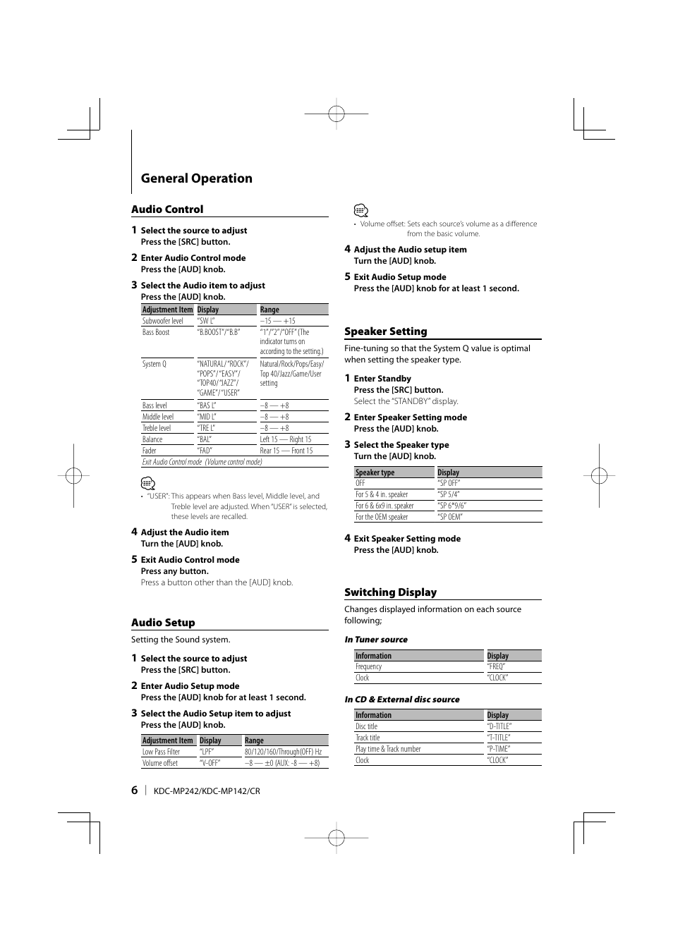 General operation | Kenwood KDC-MP142 User Manual | Page 6 / 56