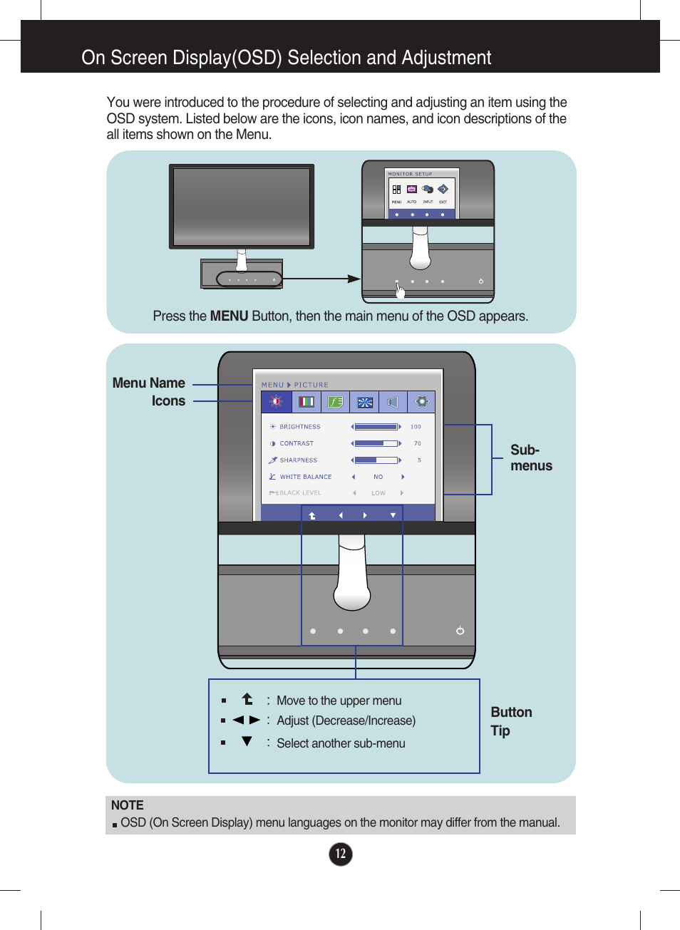 Menu, On screen display(osd) selection and adjustment | LG E2290V User Manual | Page 13 / 26