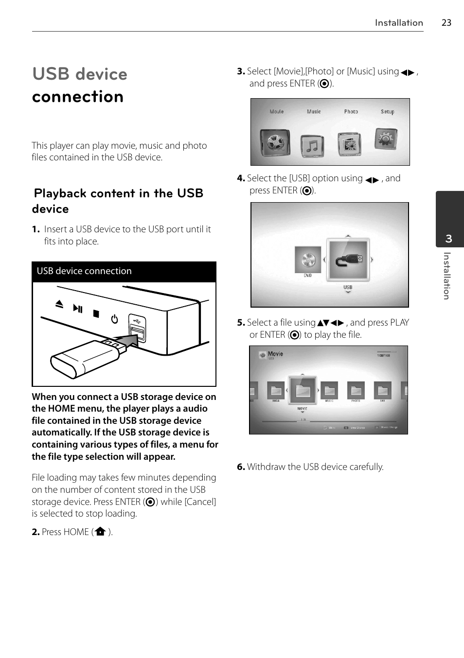 Usb device connection, Playback content in the usb device | LG BD678N User Manual | Page 23 / 72