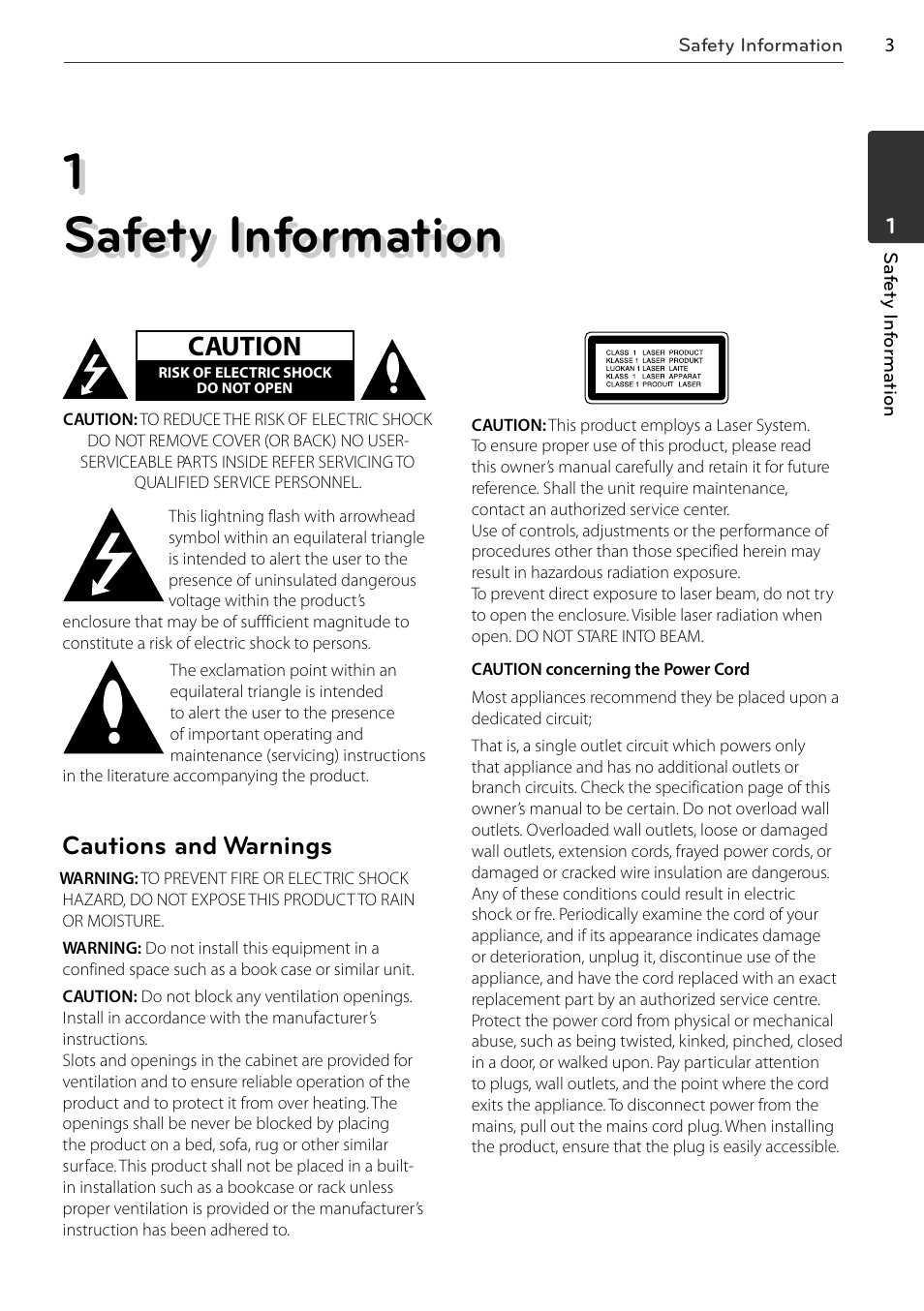 1 safety information, Caution, Cautions and warnings | LG BD678N User Manual | Page 3 / 72