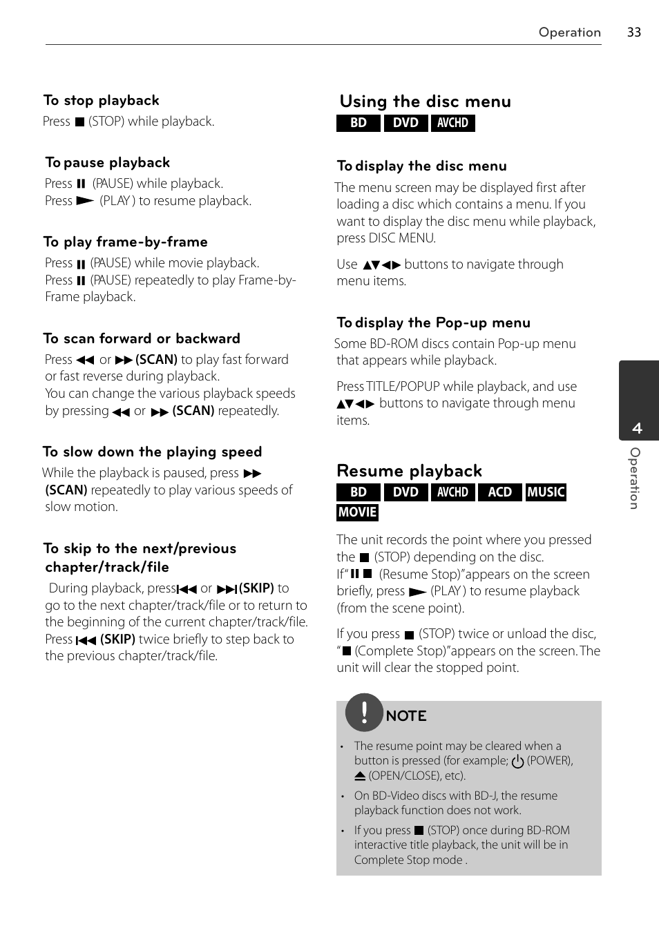 Using the disc menu, Resume playback | LG BD678N User Manual | Page 33 / 72
