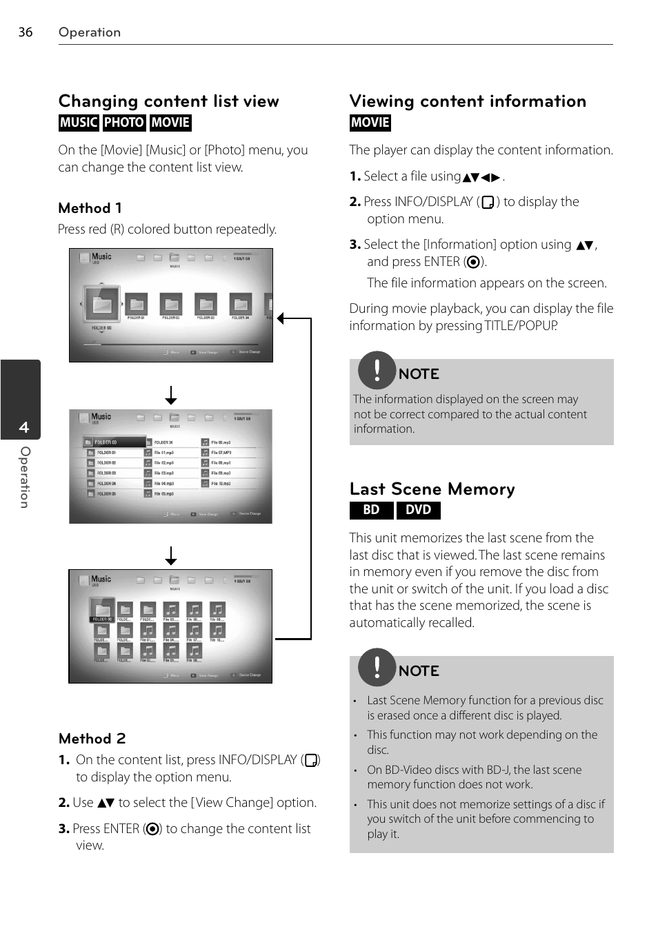 Changing content list view, Viewing content information | LG BD678N User Manual | Page 36 / 72