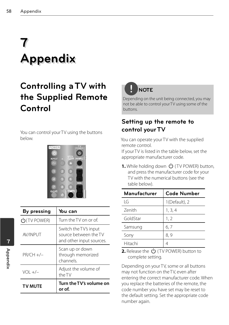 7 appendix, Controlling a tv with the supplied remote control, Setting up the remote to control your tv | LG BD678N User Manual | Page 58 / 72