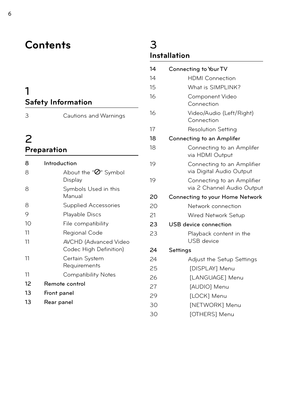 Contents 1, Safety information, Preparation | Installation | LG BD678N User Manual | Page 6 / 72