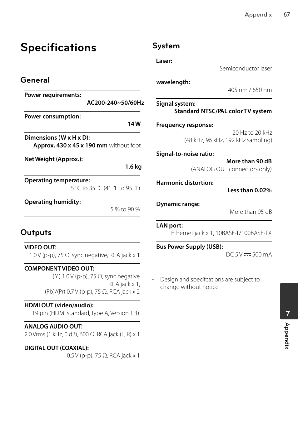 Specifications, General, Outputs | System | LG BD678N User Manual | Page 67 / 72