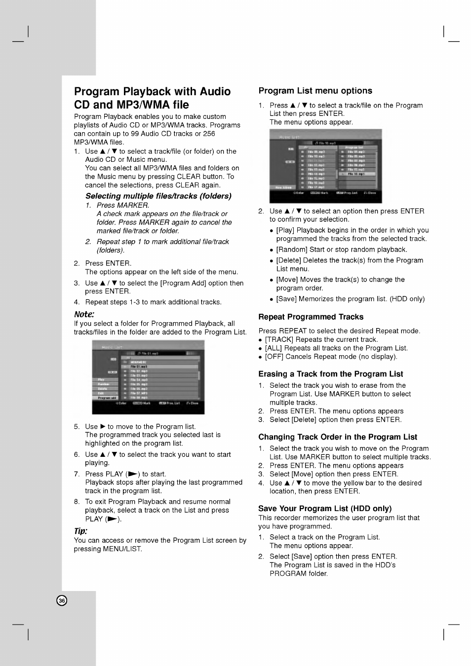 Program playback with audio cd and mp3/wma file, Note | LG RH2T160 User Manual | Page 36 / 41