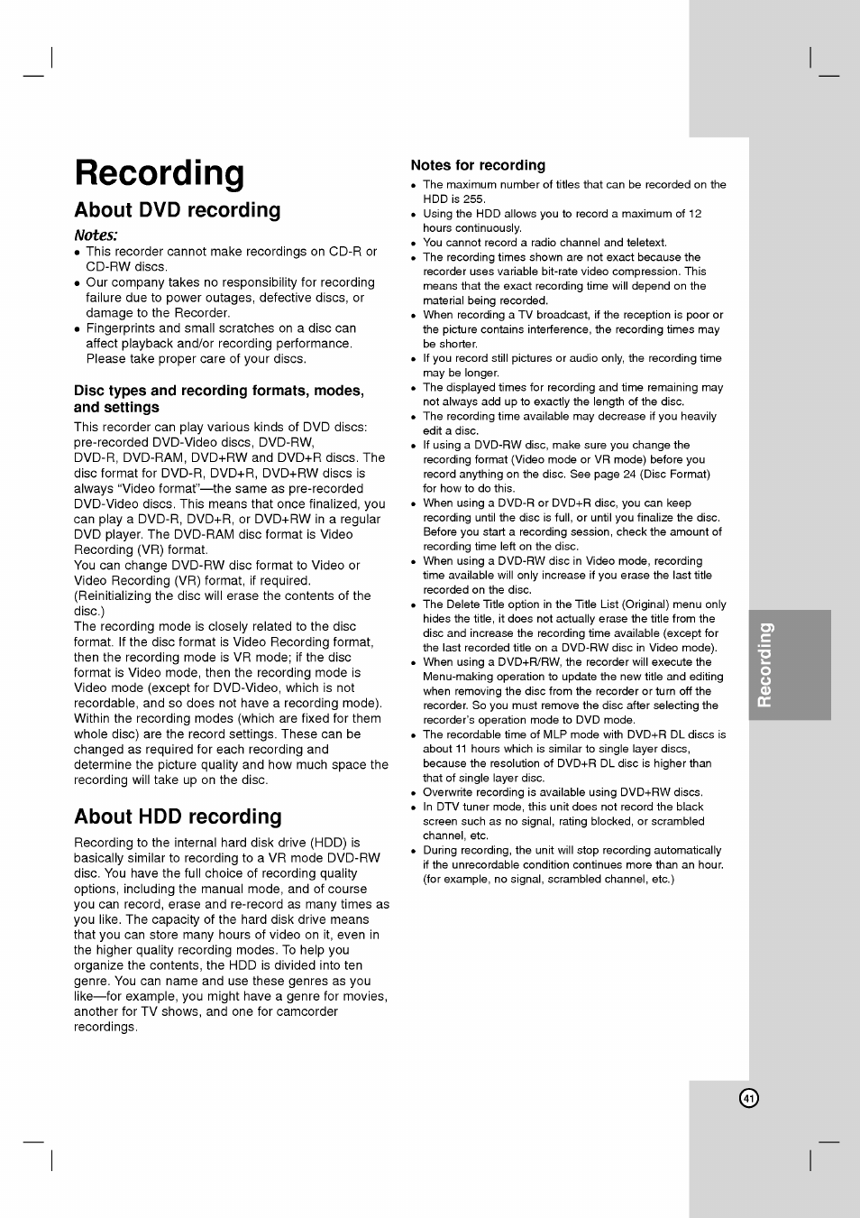 Recording, About dvd recording, Notes | About hdd recording, Recording -48, About dvd recording about hdd recording | LG RH2T160 User Manual | Page 41 / 41