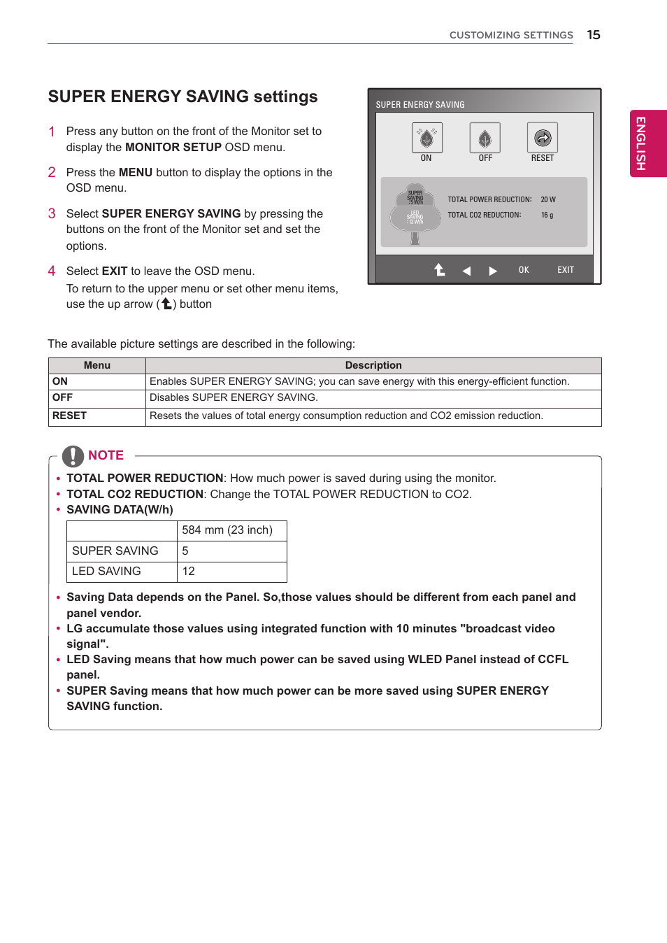Super energy saving settings, Information.(see p.15) | LG D2342P User Manual | Page 15 / 22