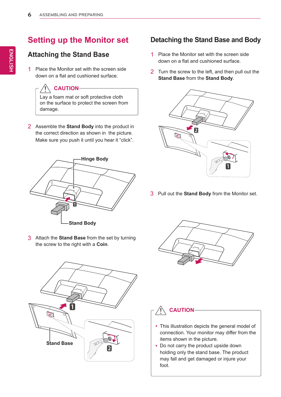 Setting up the monitor set, Attaching the stand base, Detaching the stand base and body | LG D2342P User Manual | Page 6 / 22