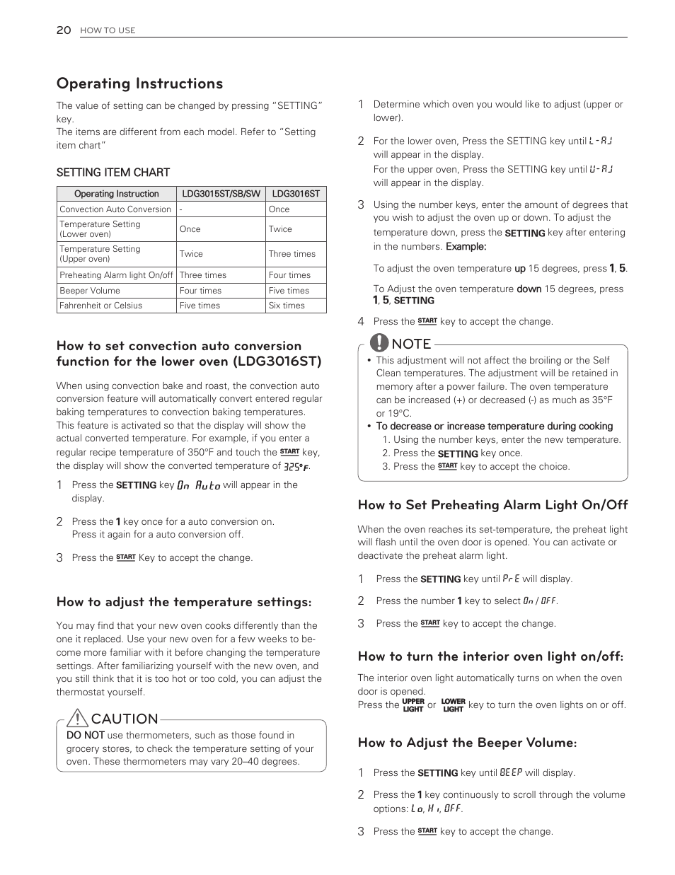 Operating instructions, Caution, How to set preheating alarm light on/off | How to turn the interior oven light on/off, How to adjust the beeper volume, How to adjust the temperature settings | LG LDG3016ST  EN User Manual | Page 20 / 47