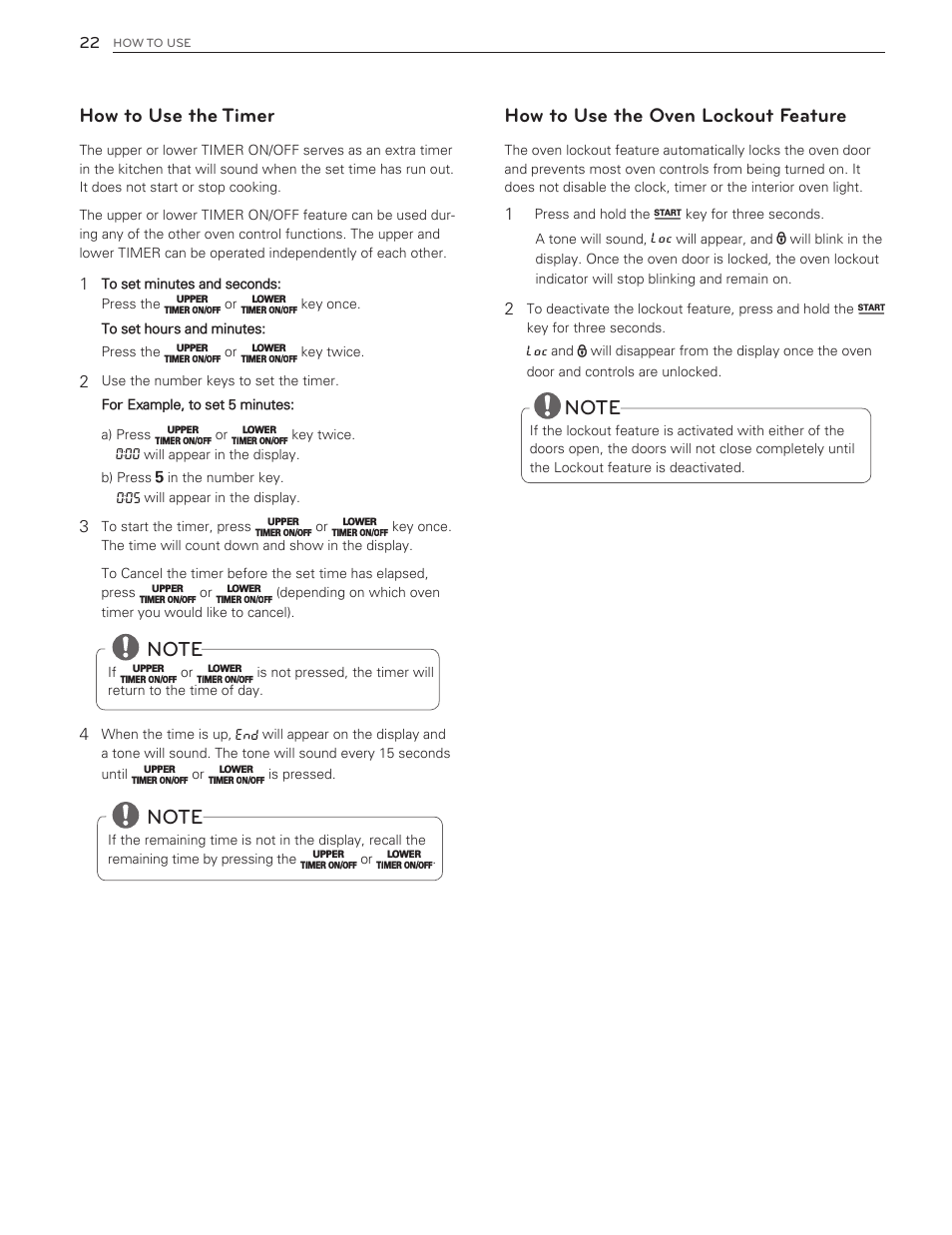 How to use the timer, How to use the oven lockout feature | LG LDG3016ST  EN User Manual | Page 22 / 47