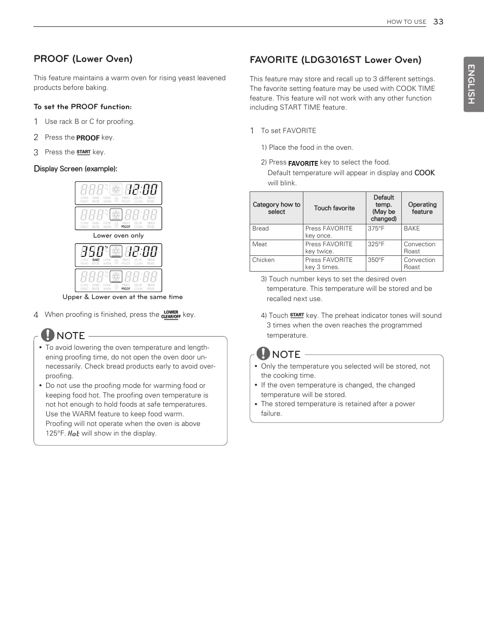 Favorite (ldg3016st lower oven), Proof (lower oven), English | LG LDG3016ST  EN User Manual | Page 33 / 47