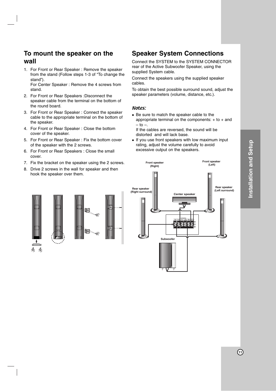 Speaker system connections, Installation and setup | LG LH-T755 User Manual | Page 11 / 29