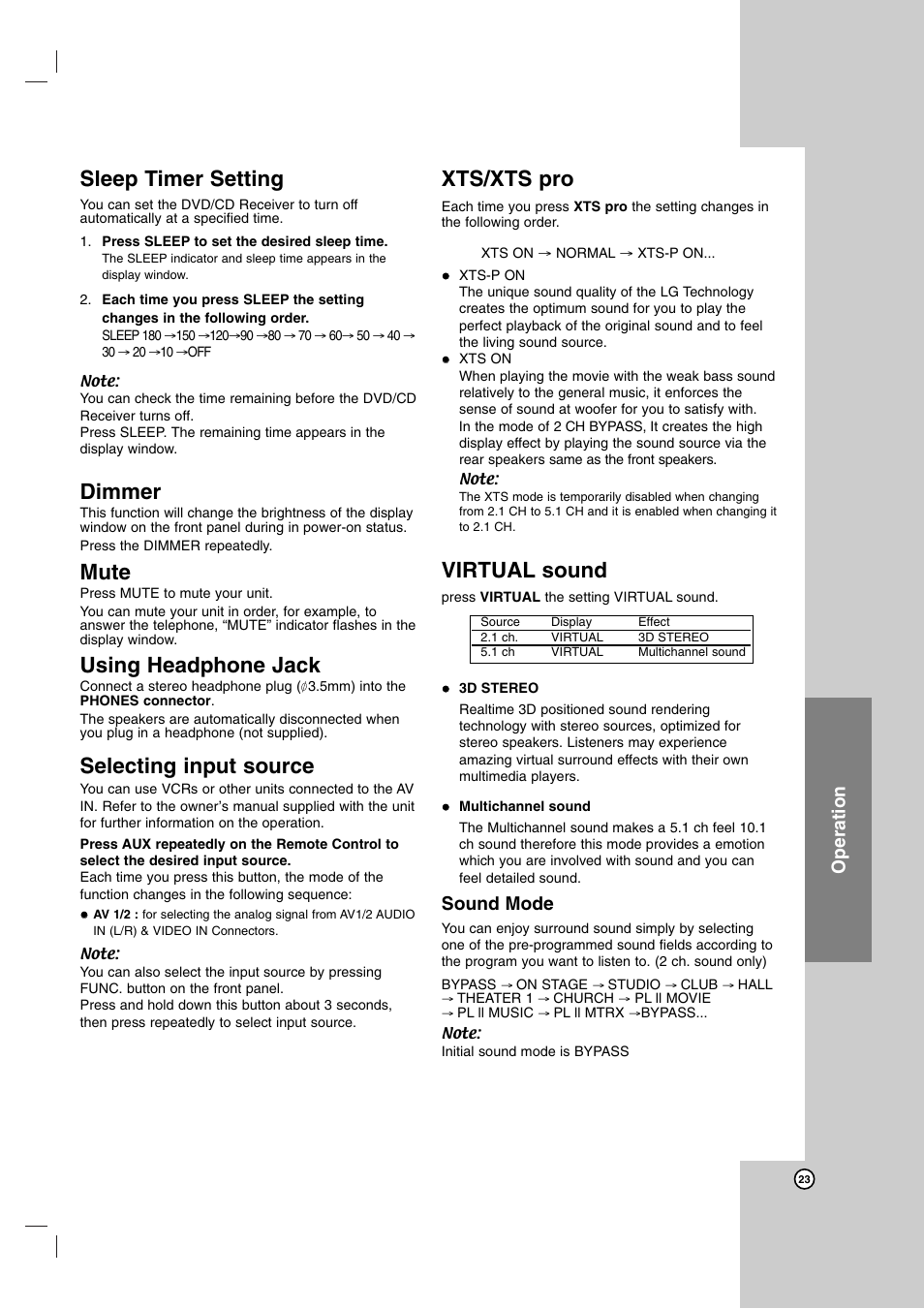 Sleep timer setting, Dimmer, Mute | Using headphone jack, Selecting input source, Xts/xts pro, Virtual sound, Operation, Sound mode | LG LH-T755 User Manual | Page 23 / 29