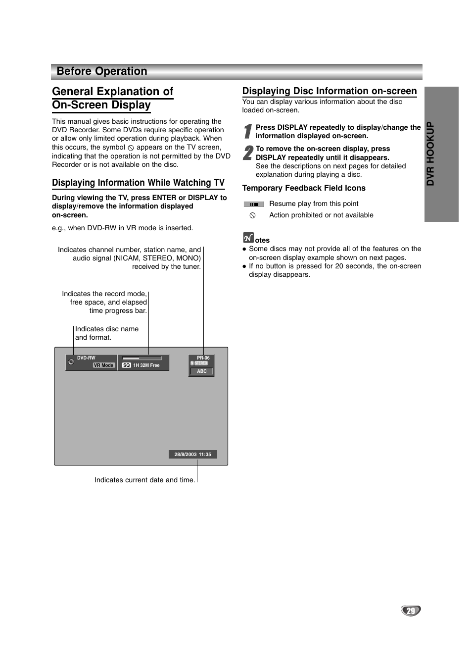 Dvr hookup, Displaying information while watching tv, Displaying disc information on-screen | LG DR4912 User Manual | Page 29 / 64