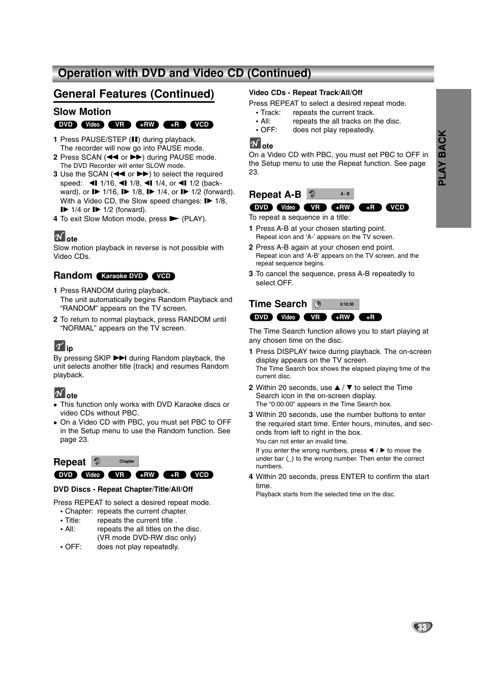 Pla y back, Slow motion, Random | Repeat, Repeat a-b, Time search | LG DR4912 User Manual | Page 33 / 64