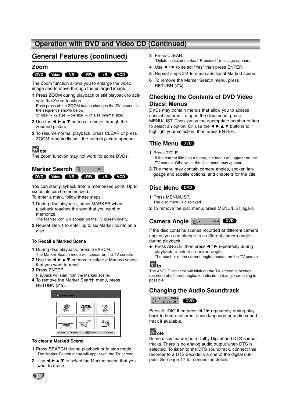 Zoom, Marker search, Checking the contents of dvd video discs: menus | Title menu, Disc menu, Camera angle, Changing the audio soundtrack | LG DR4912 User Manual | Page 34 / 64