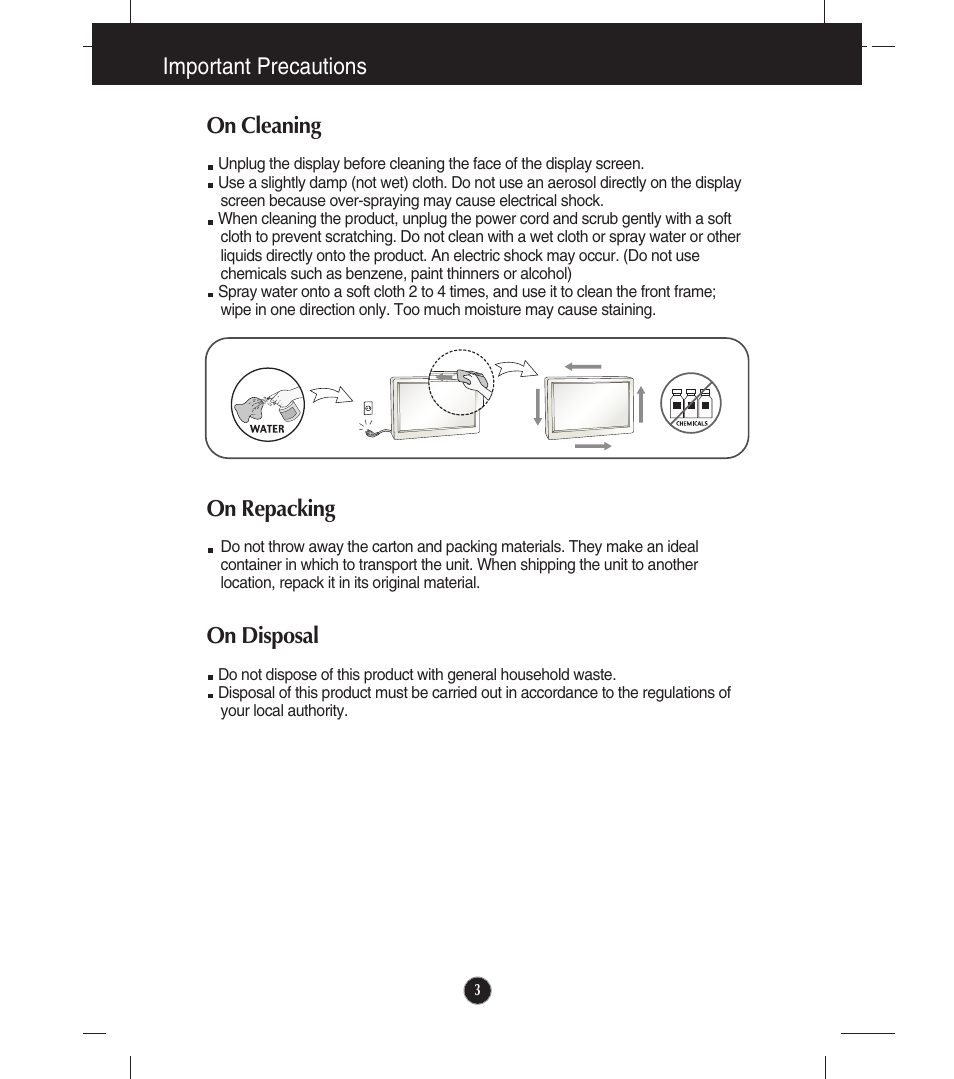 On cleaning, On repacking, On disposal | Important precautions | LG LCD Monitor E2541V User Manual | Page 4 / 30