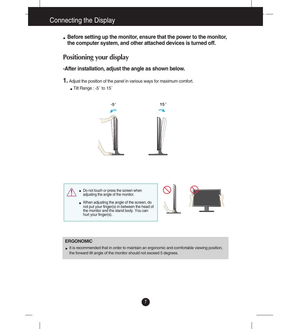 Positioning your display, Connecting the display | LG LCD Monitor E2541V User Manual | Page 8 / 30