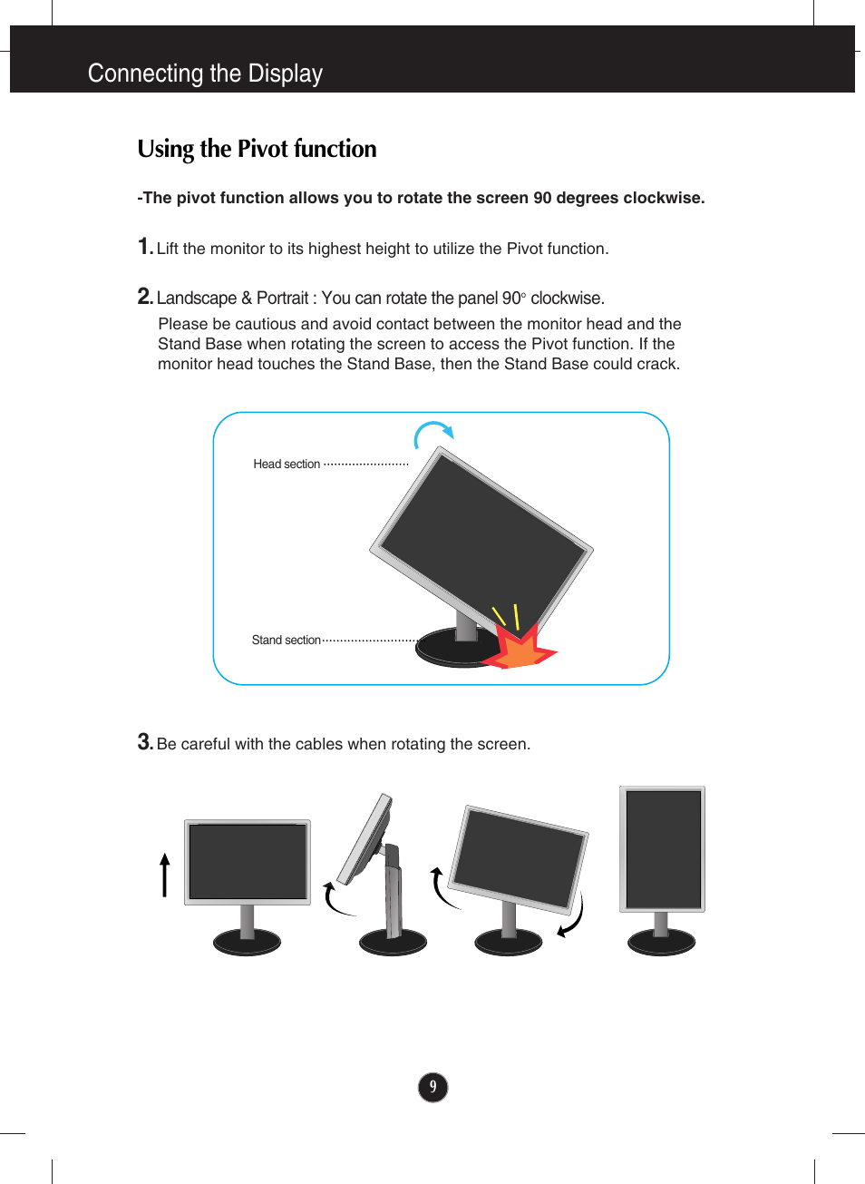 Using the pivot function, Connecting the display | LG lcd monitor ips231p User Manual | Page 10 / 31