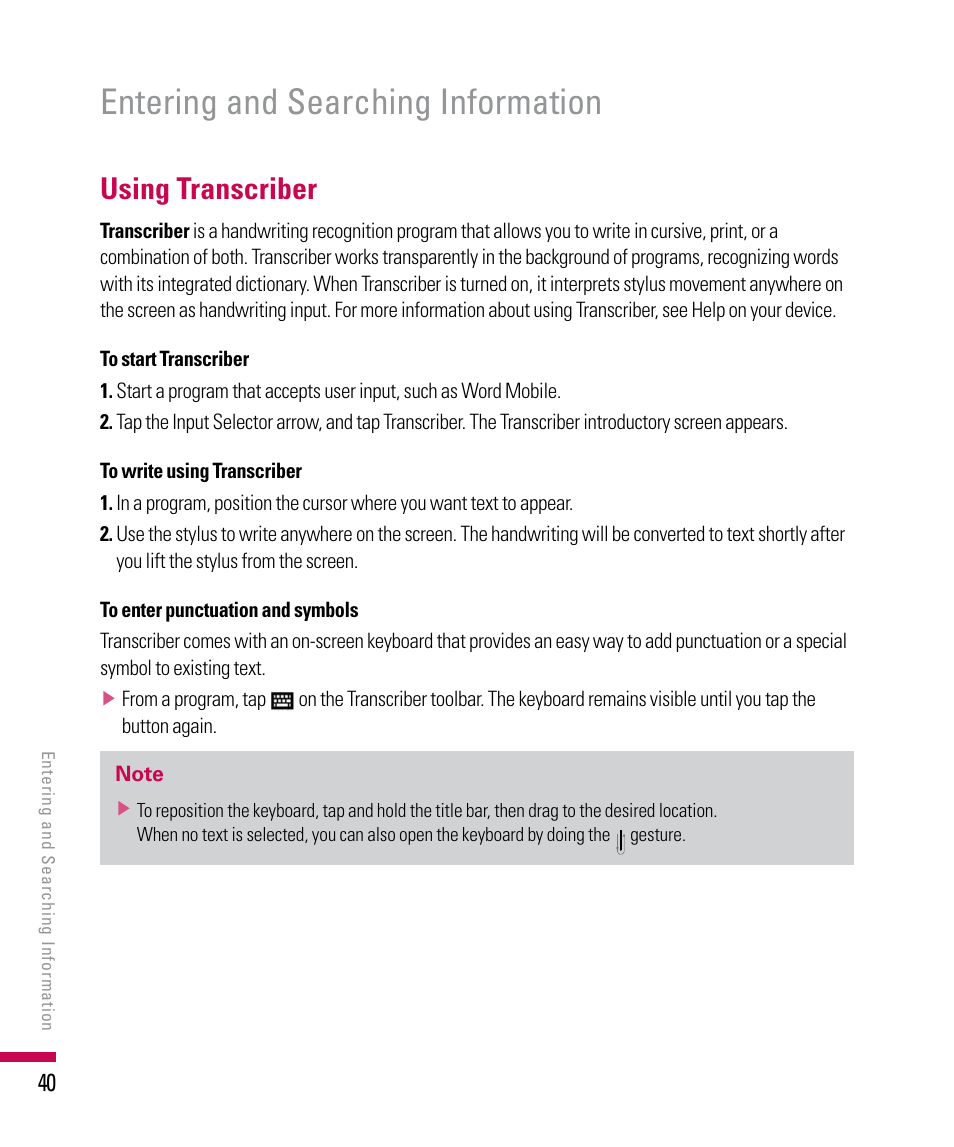 Entering and searching information, Using transcriber | LG PDA User Manual | Page 40 / 195