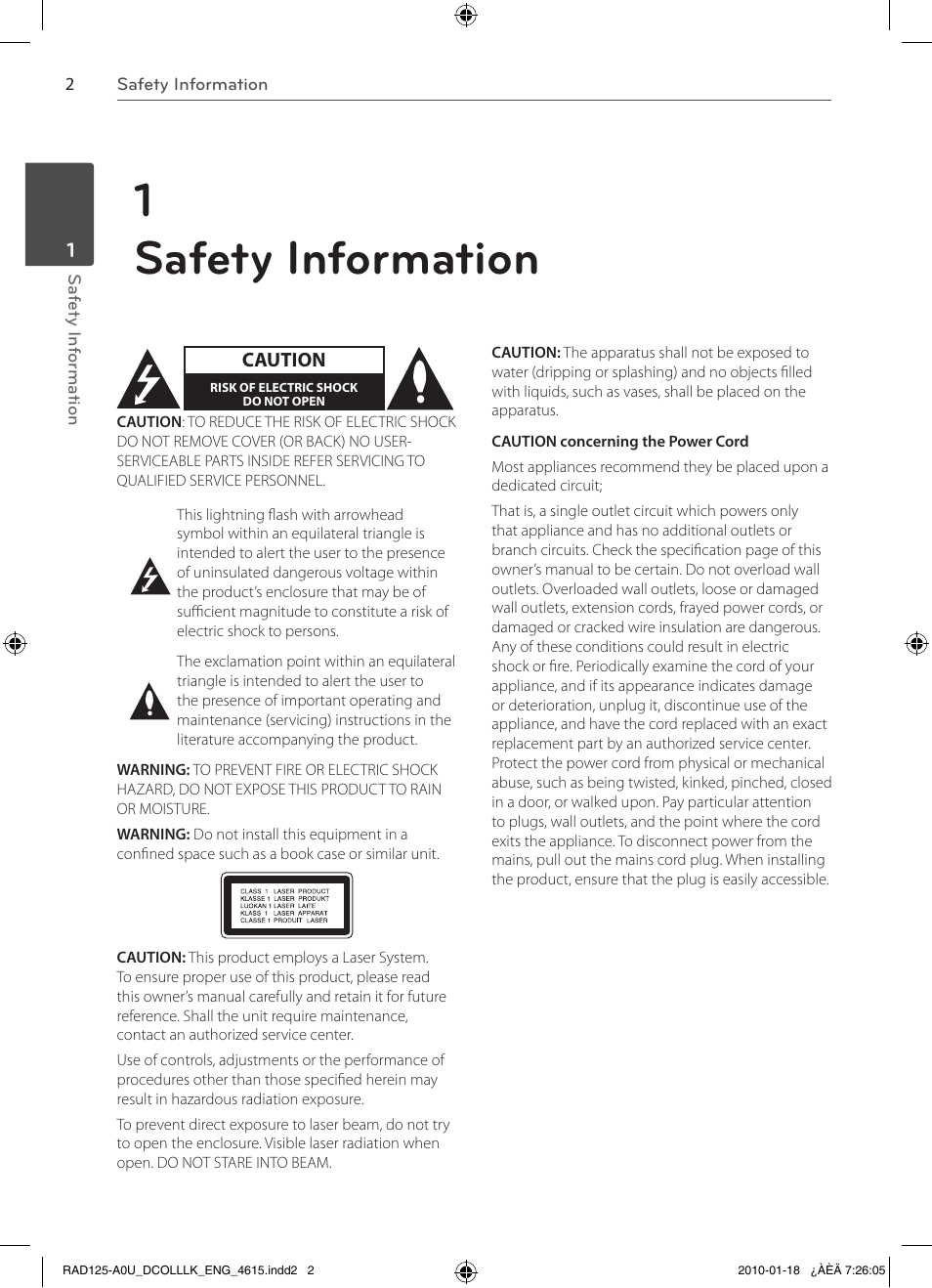 1safety information | LG RAS125F User Manual | Page 2 / 23