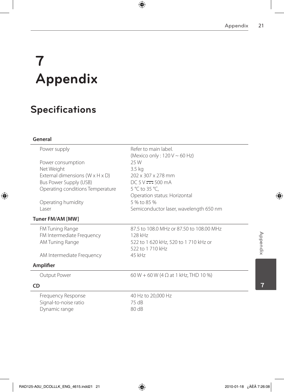 7appendix, Specifications | LG RAS125F User Manual | Page 21 / 23