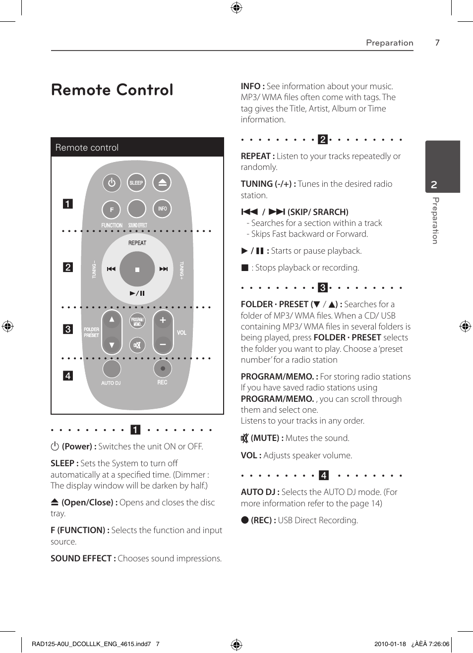 Remote control | LG RAS125F User Manual | Page 7 / 23