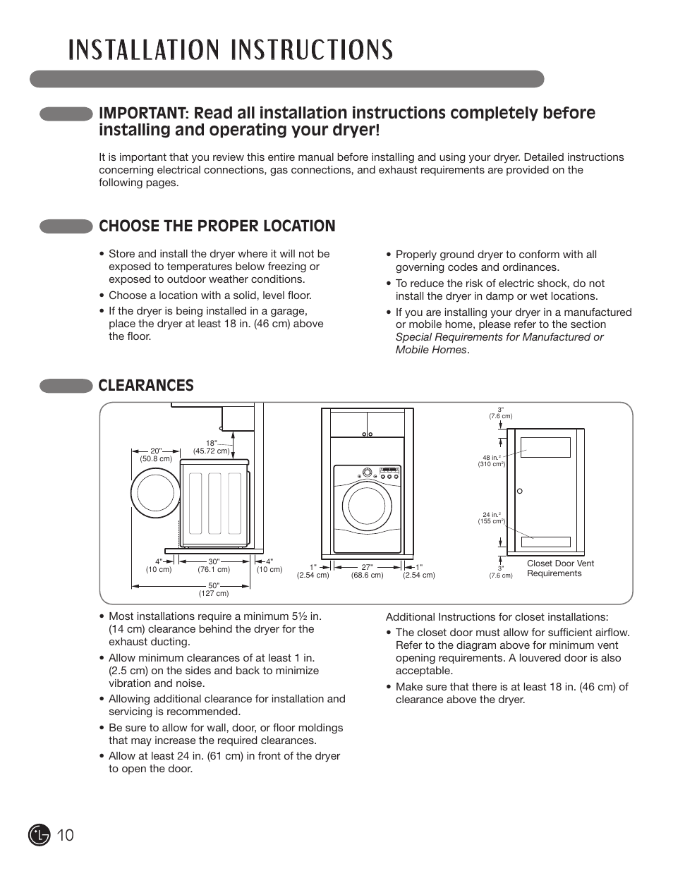 Choose the proper location, Clearances | LG D5966W User Manual | Page 10 / 80