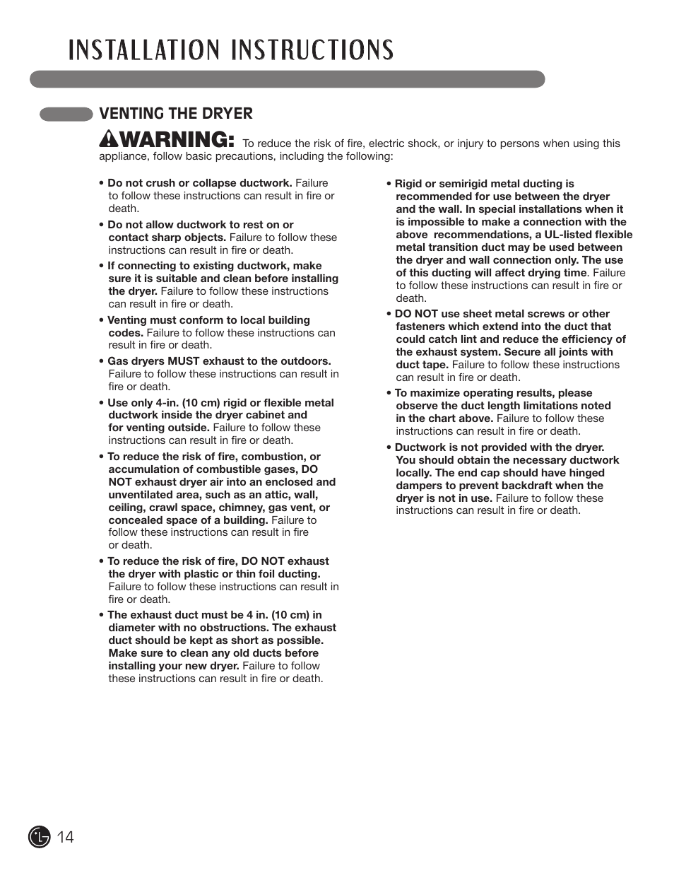 W warning, Venting the dryer | LG D5966W User Manual | Page 14 / 80